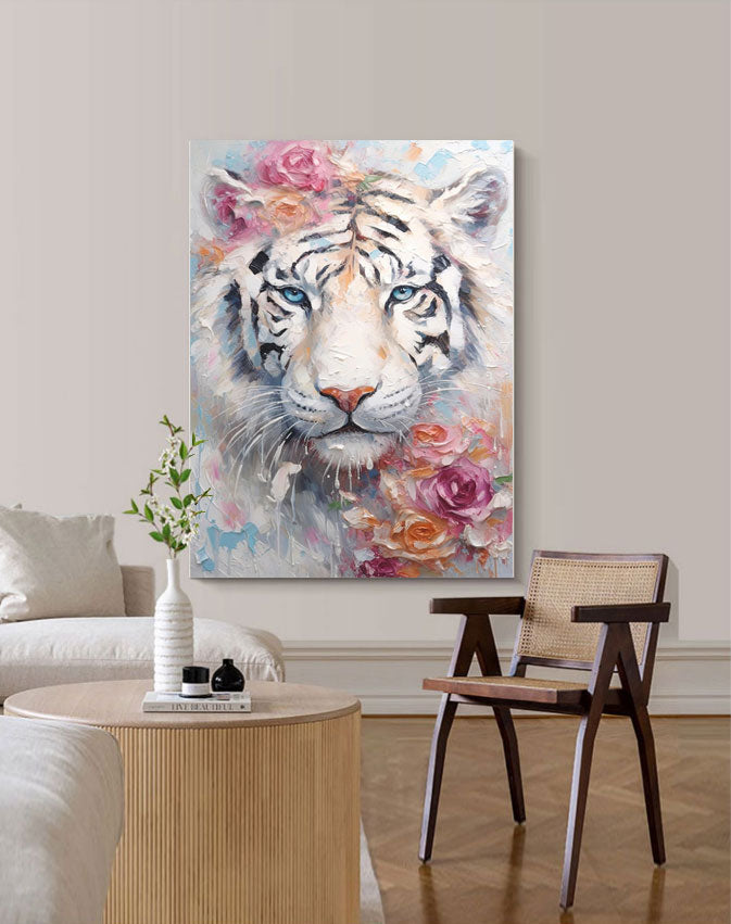 Impressionist White Tiger Oil Painting Textured Flowers And Tiger Canvas Wall Art Modern Animal Oil Painting Framed Living Room Decor
