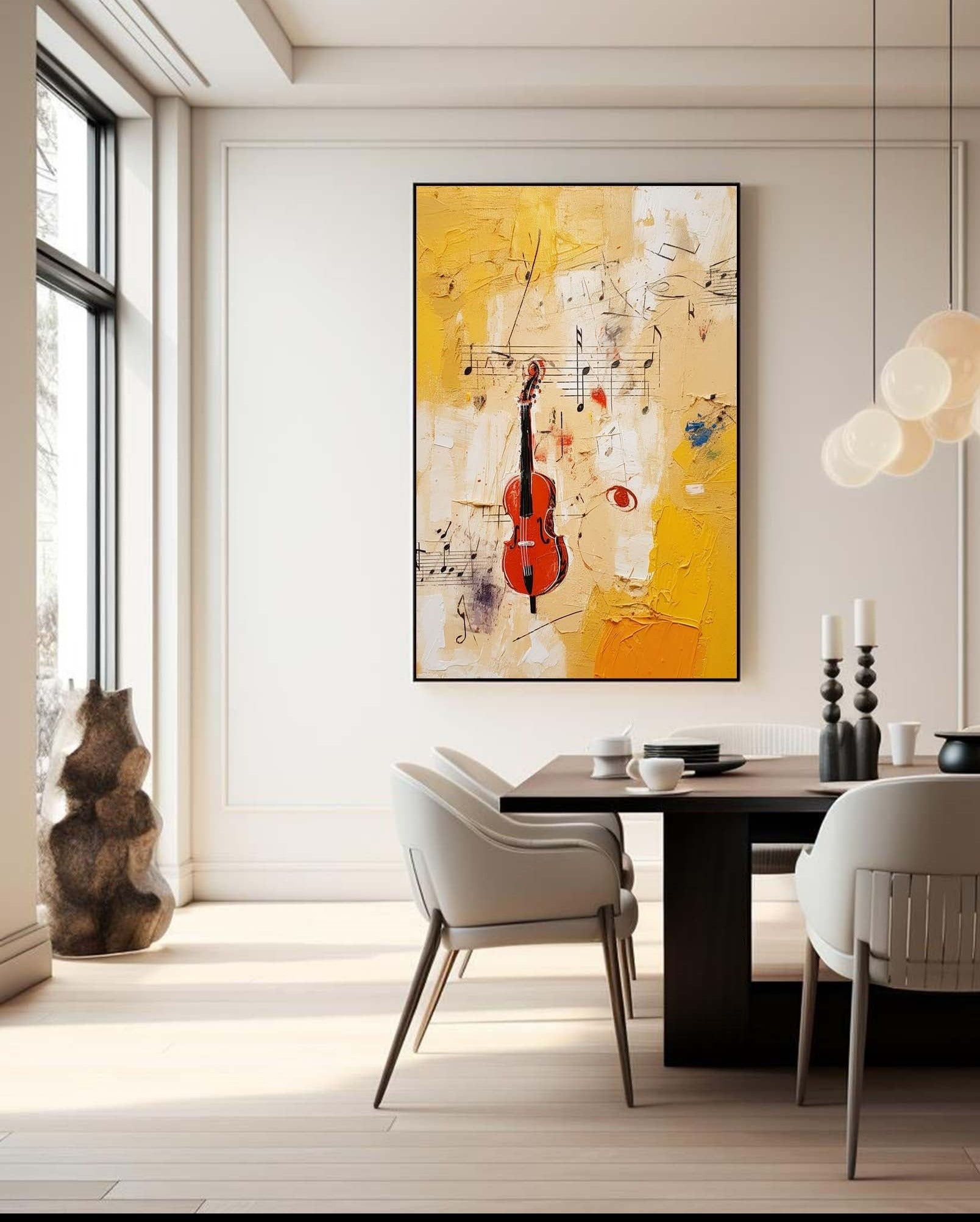 Original Violin Notes Abstract Wall Art Bright Modern Oil Painting Canvas Large Yellow Oil Painting for Home Decor