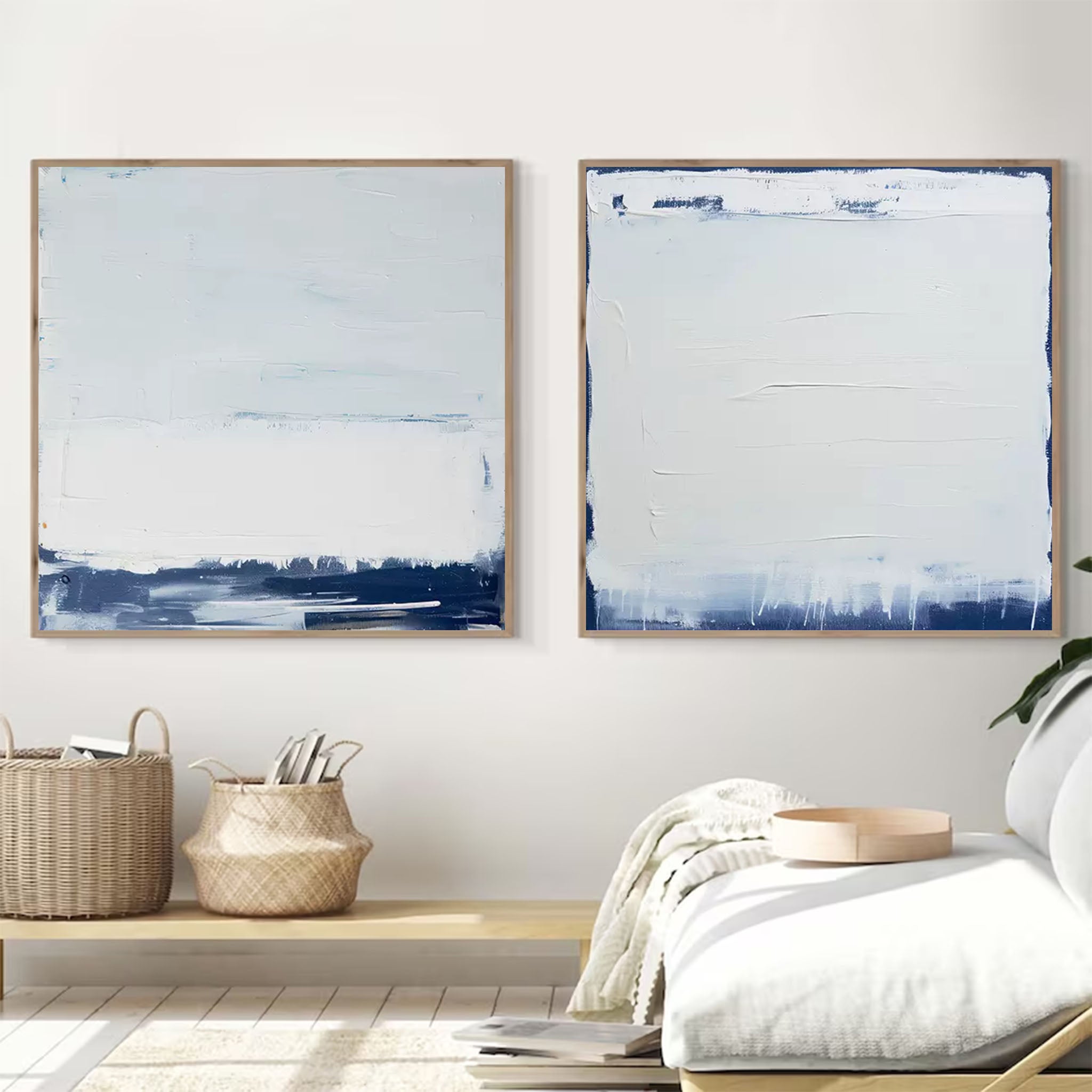 Set of 2 Large Abstract Modern Blue And White Square Original Minimalist Oil Paintings On Canvas Texture Wall Art Living Room Decor