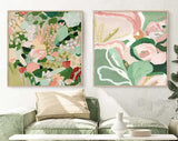 Set of 2 Large Abstract Flower Modern Green Square Original Oil Paintings On Canvas Texture Wall Art Living Room Decor
