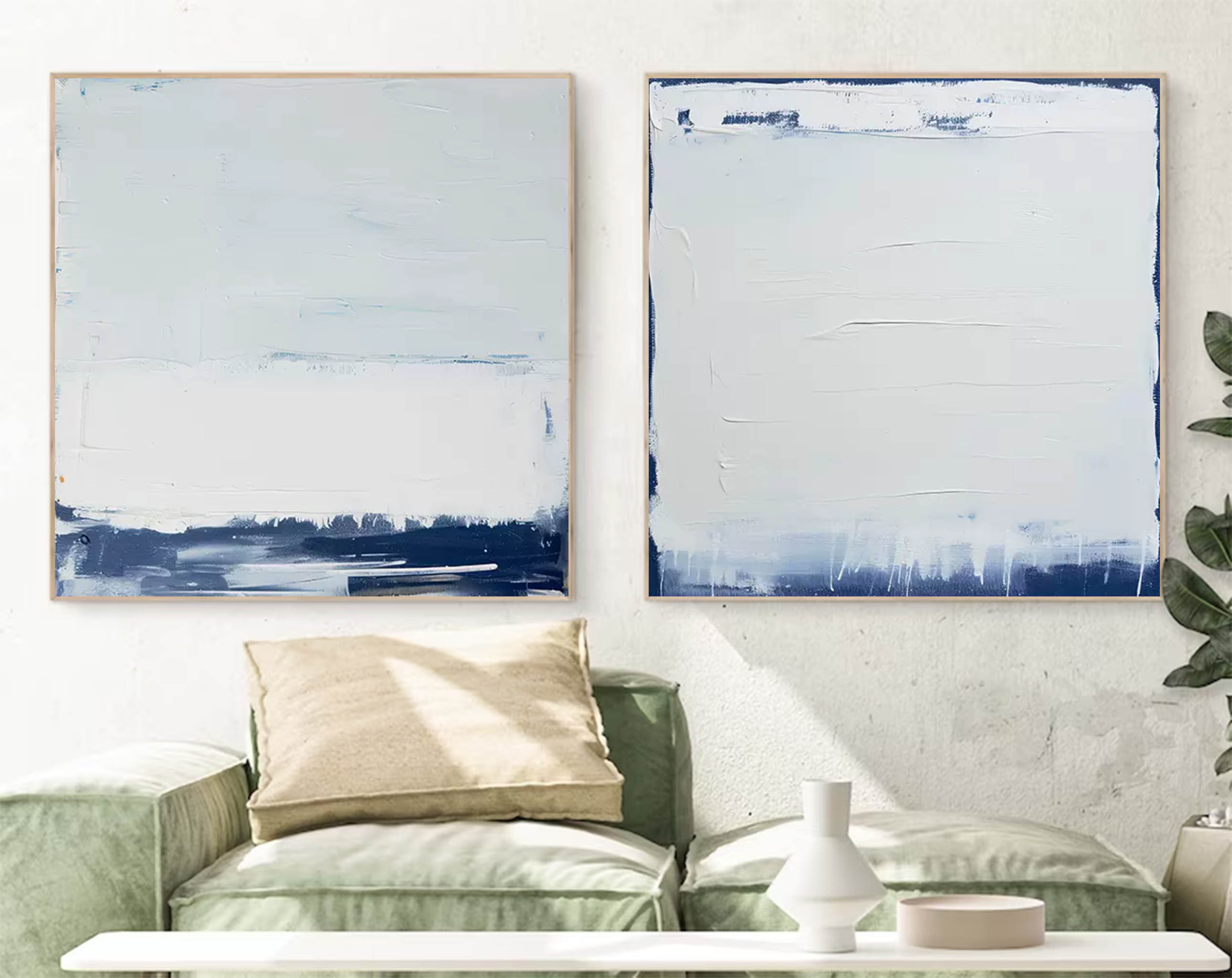 Set of 2 Large Abstract Modern Blue And White Square Original Minimalist Oil Paintings On Canvas Texture Wall Art Living Room Decor