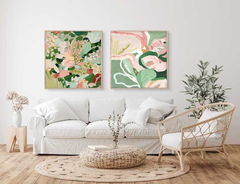 Set of 2 Large Abstract Flower Modern Green Square Original Oil Paintings On Canvas Texture Wall Art Living Room Decor