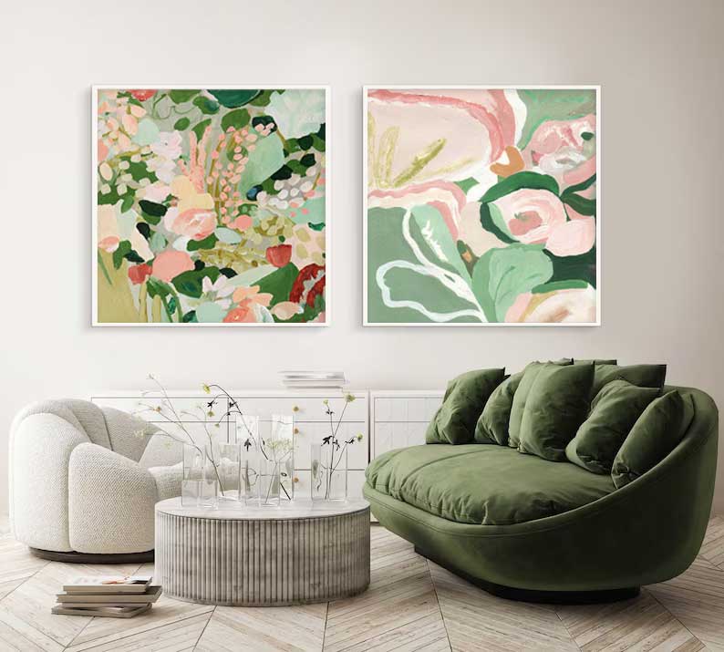 Set of 2 Large Abstract Flower Modern Green Square Original Oil Paintings On Canvas Texture Wall Art Living Room Decor