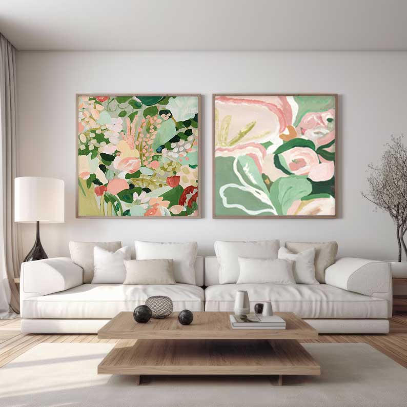 Set of 2 Large Abstract Flower Modern Green Square Original Oil Paintings On Canvas Texture Wall Art Living Room Decor