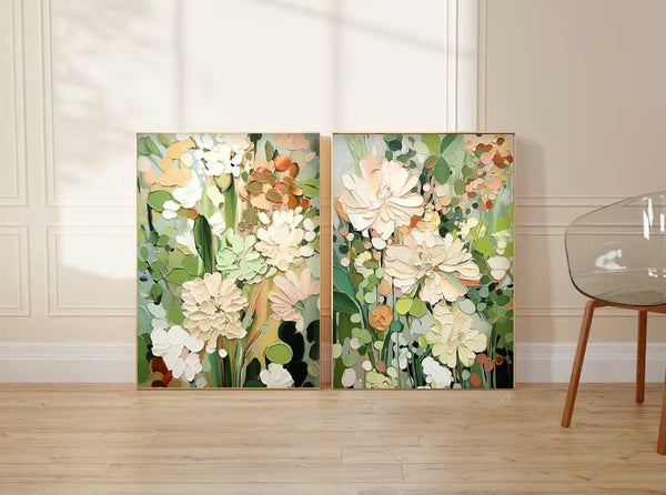 Set of 2 Sage Color Abstract Oil Paintings Contemporary Flower Canvas Wall Art Floral Spring Artwork