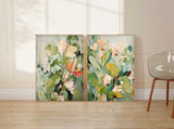 Set of 2 Green Abstract Oil Paintings Contemporary Flower Canvas Wall Art Floral Spring Artwork