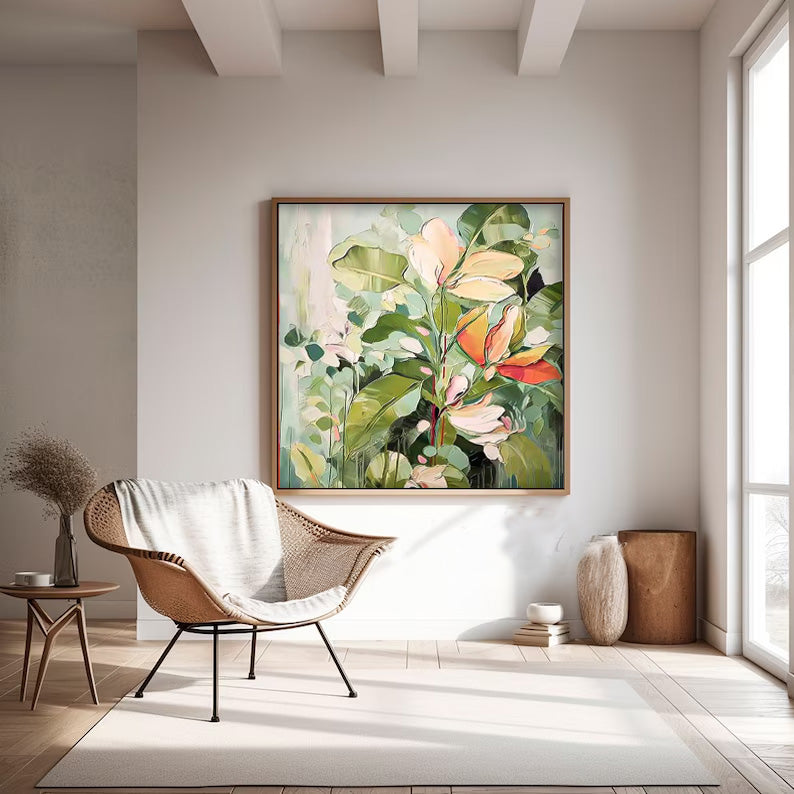 Square Green Acrylic Painting Lovely Original Flowers Abstract Wall Art Modern Floral Oil Painting On Canvas