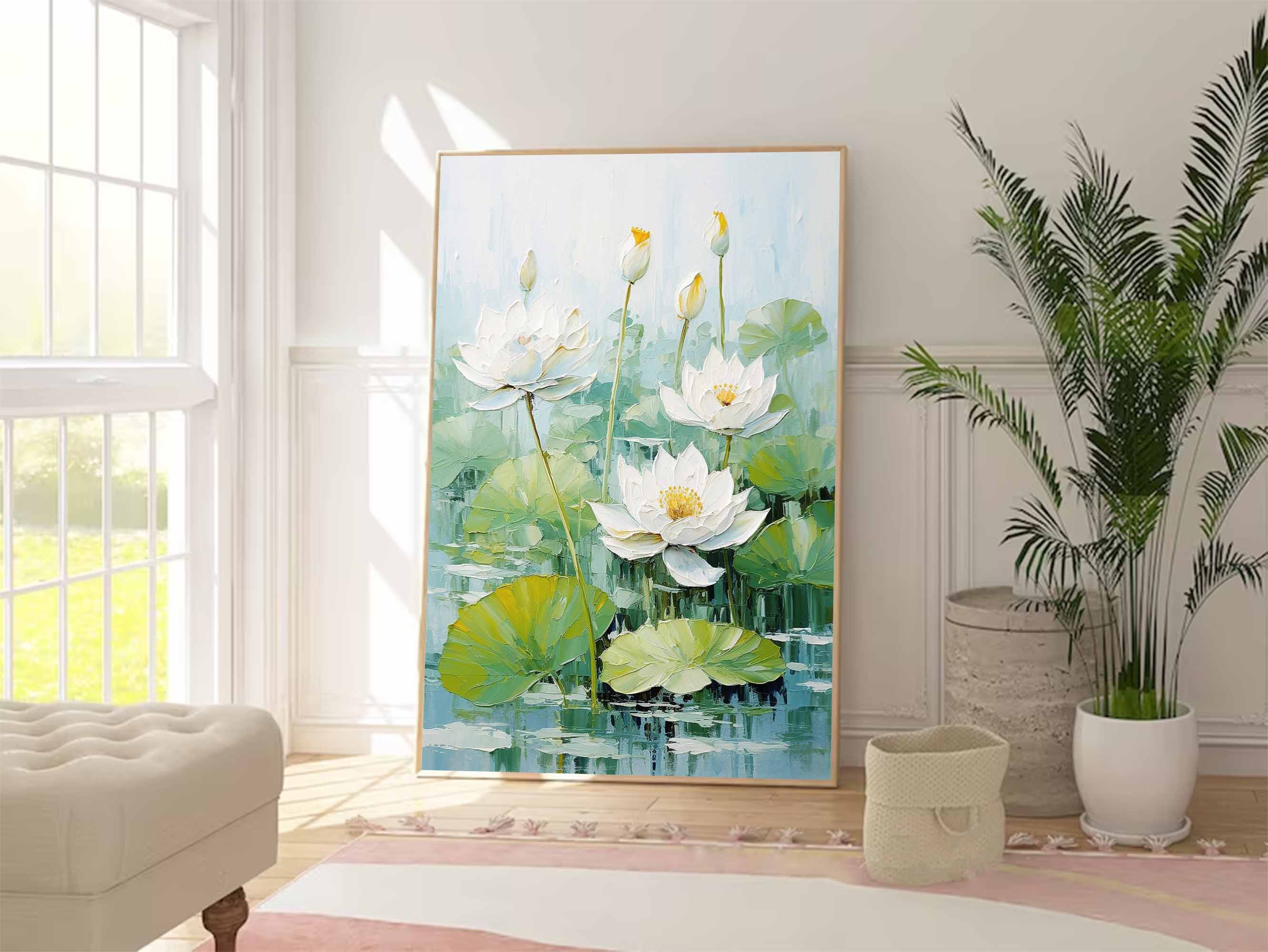 Impressionism Lotus Leaves And White Lotus Flowers Painting Framed Large Floral Textured Abstract Acrylic Wall Art