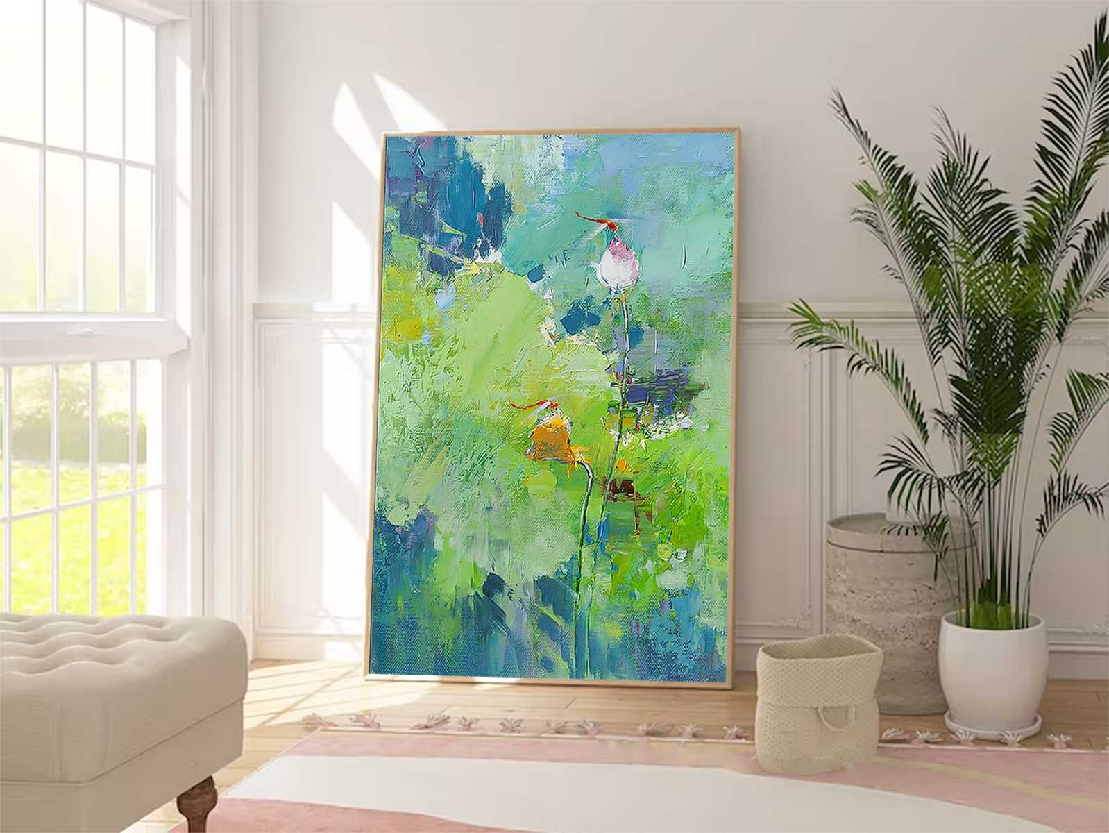 Large Bud Floral Textured Abstract Acrylic Wall Art Impressionism Abstract Dragonfly Painting Framed For Sale