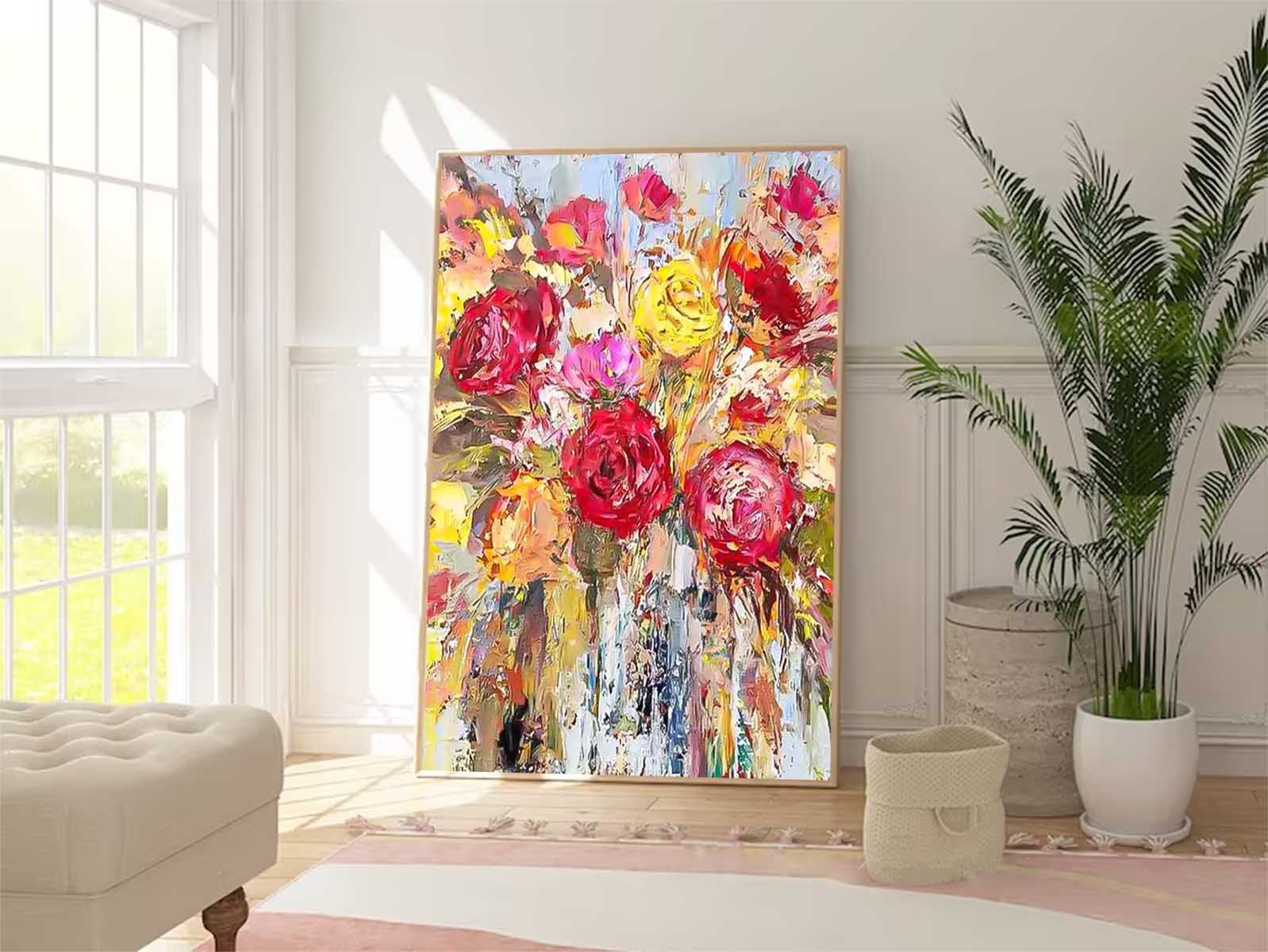 Affordable Abstract Yellow And Red Roses Acrylic  Painting On Canvas Contemporary Wall Art For Living Room