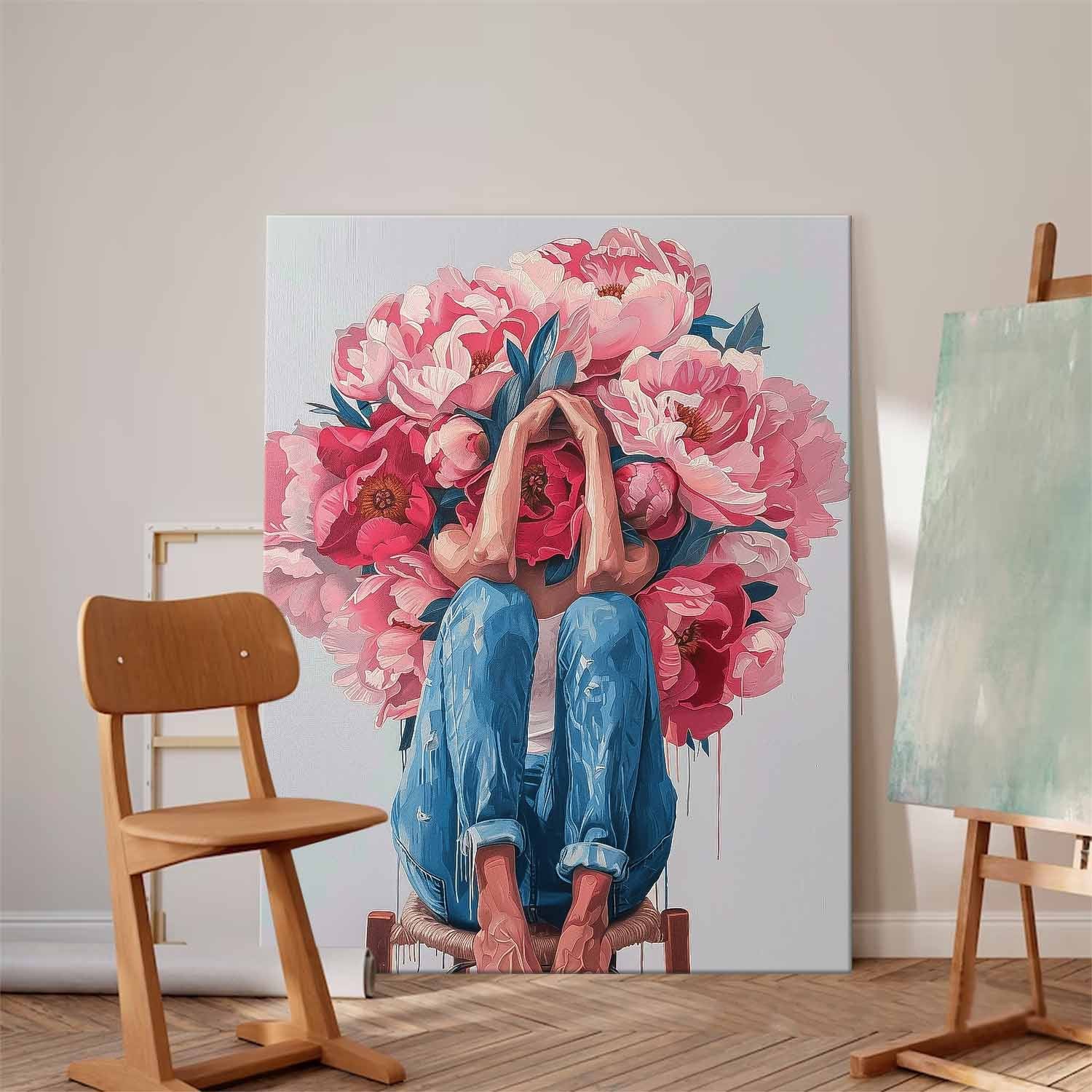 Original Wall Art Abstract beautiful Peony Painting Colorful Faceless Artwork Large Portrait Painting Home Decor