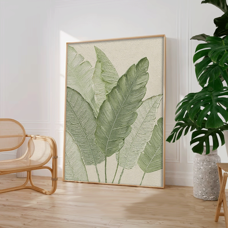 Large Thick Texture Abstract Green Leaf Paintings Modern Leaf Paintings Summer Painting Framed Wall Art