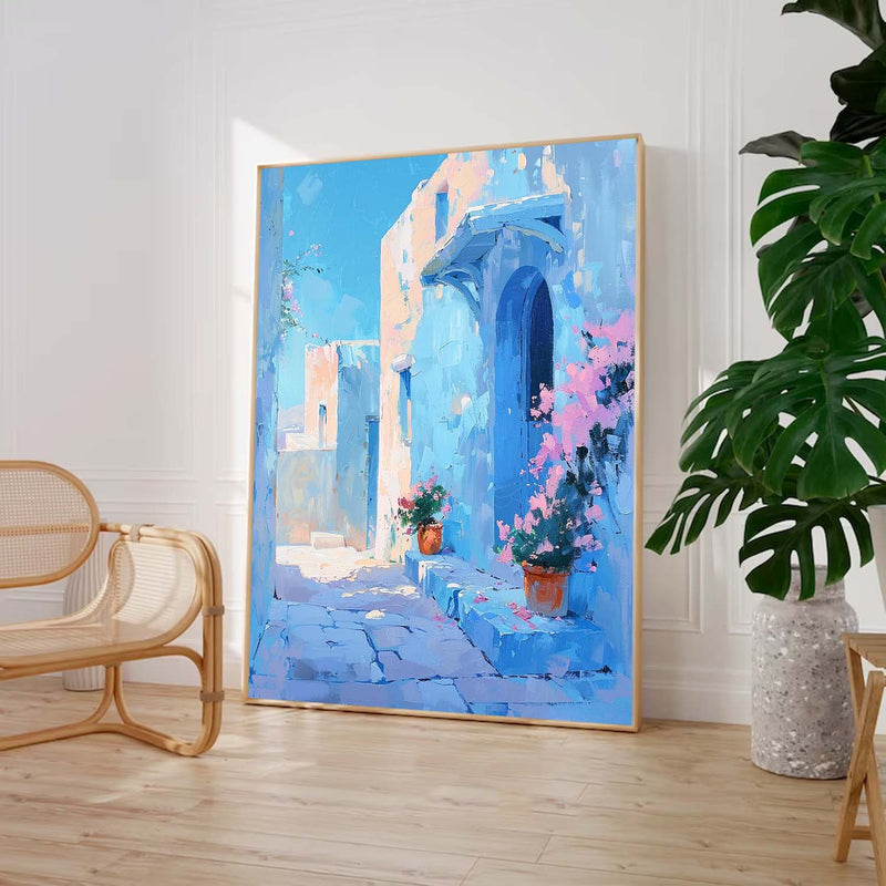 Large Alley Wall Art Original Modern Oil Painting On Canvas Dreamy Blue Building Abstract House Art Home Decor