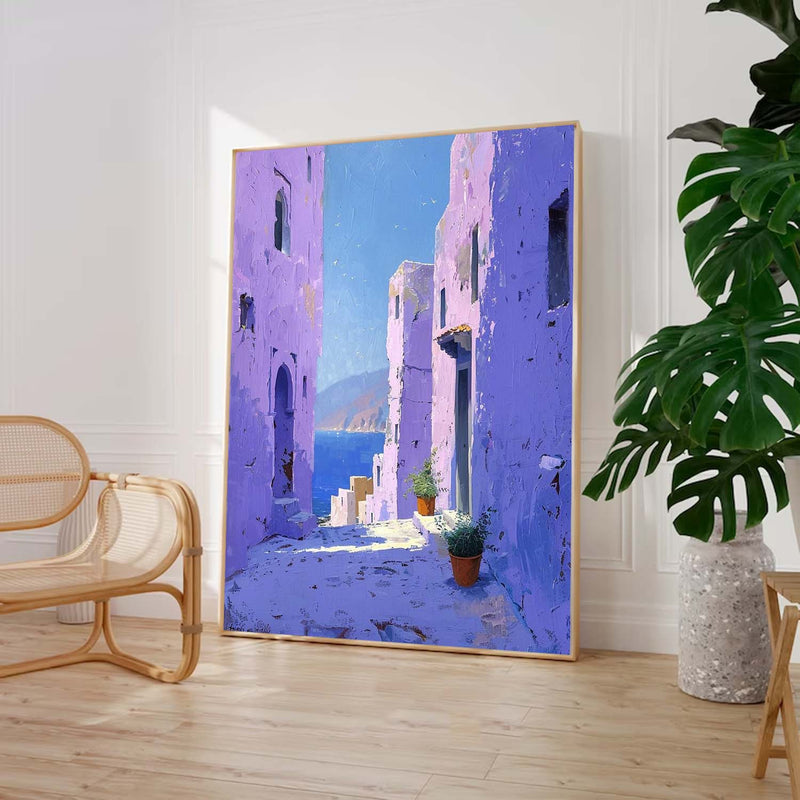 Dreamy Purple Building  Large Alley Wall Art Original Modern Oil Painting On Canvas Abstract House Art Home Decor