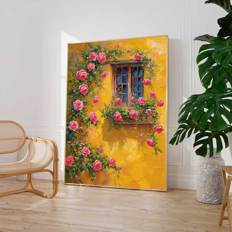 Flowers And Yellow Building Acrylic Painting Canvas Large Textured Art Original Floral Painting Home Decor