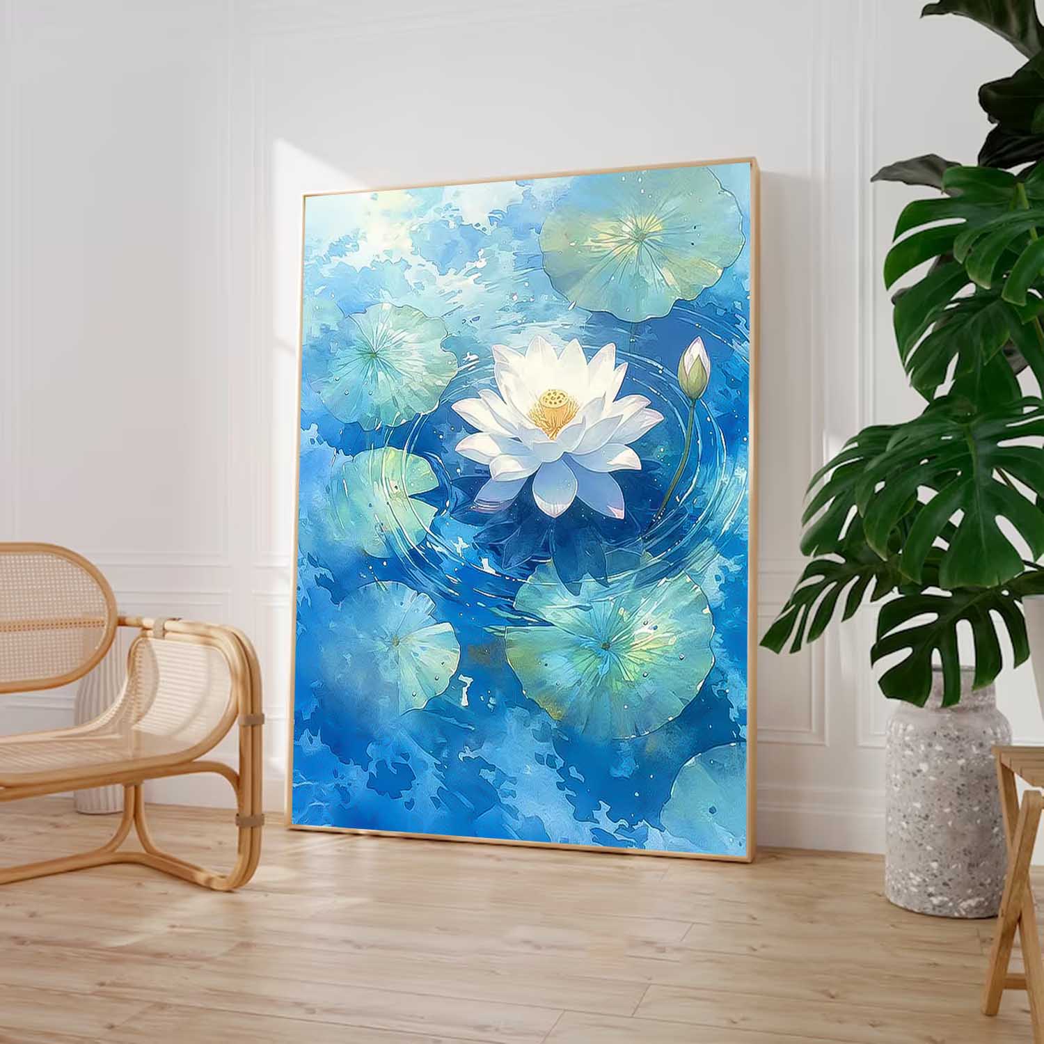 Abstract Lotus Flower Oil Painting On Canvas Big Original Texture Beautiful Blue Artwork Framed Home Decor