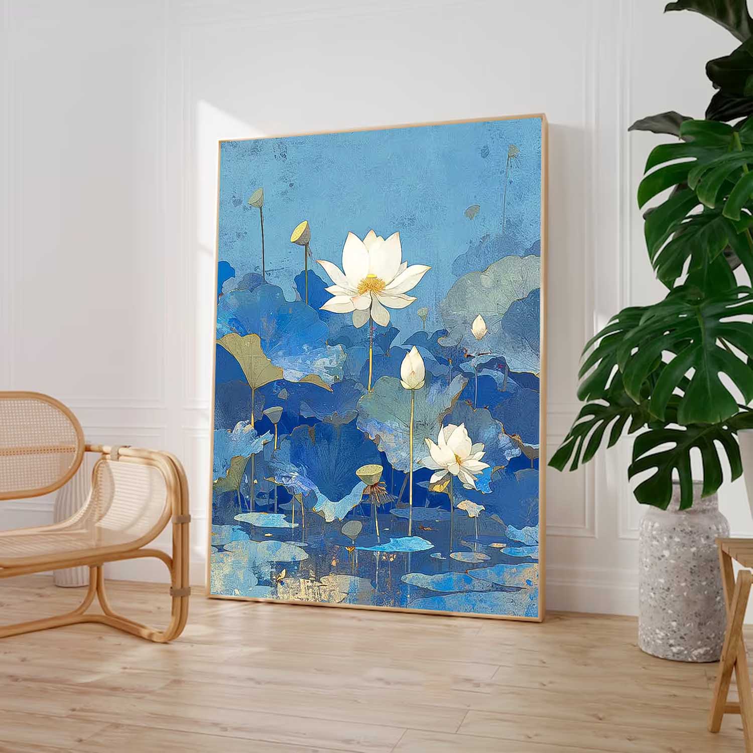 Abstract Lotus Flower Oil Painting On Canvas Big Original Texture Beautiful Blue Flowers Artwork Framed