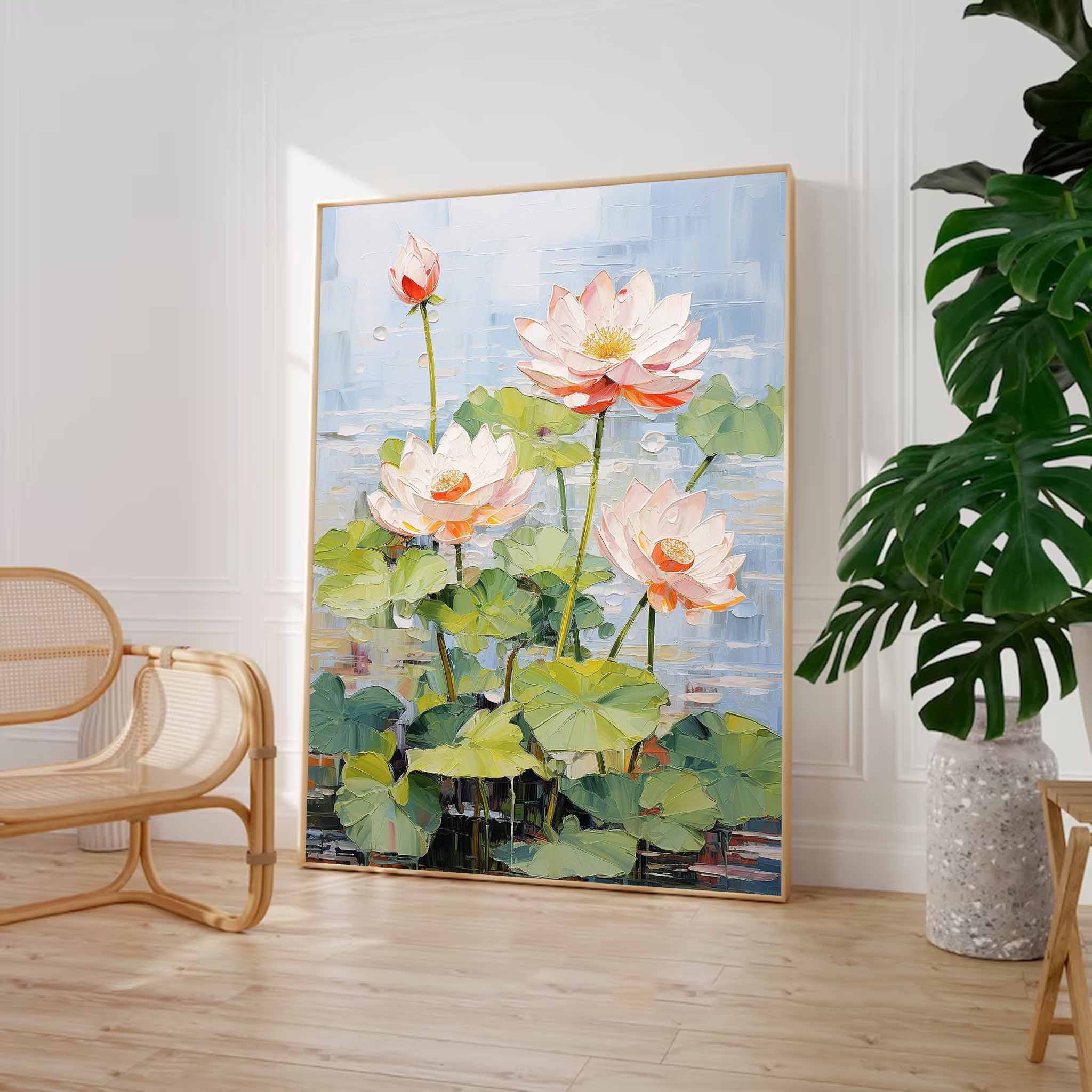 Large 3D Floral Textured Abstract Acrylic Wall Art Impressionism Pink Lotus Flowers Painting Framed For Sale