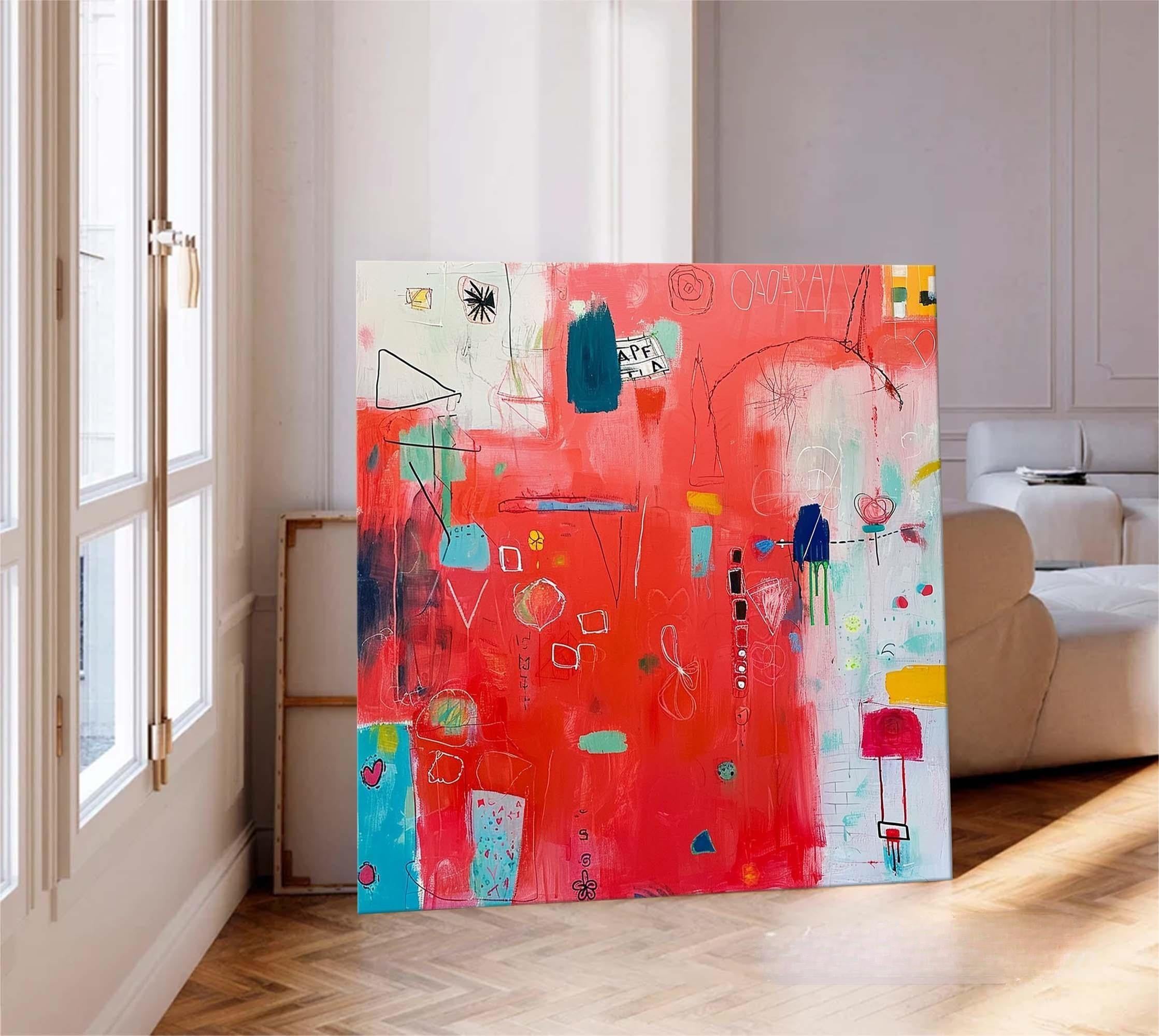 New Red Abstract Painting Contemporary Abstract Oil Painting Funny Doodles Original Wall Art Home Decor