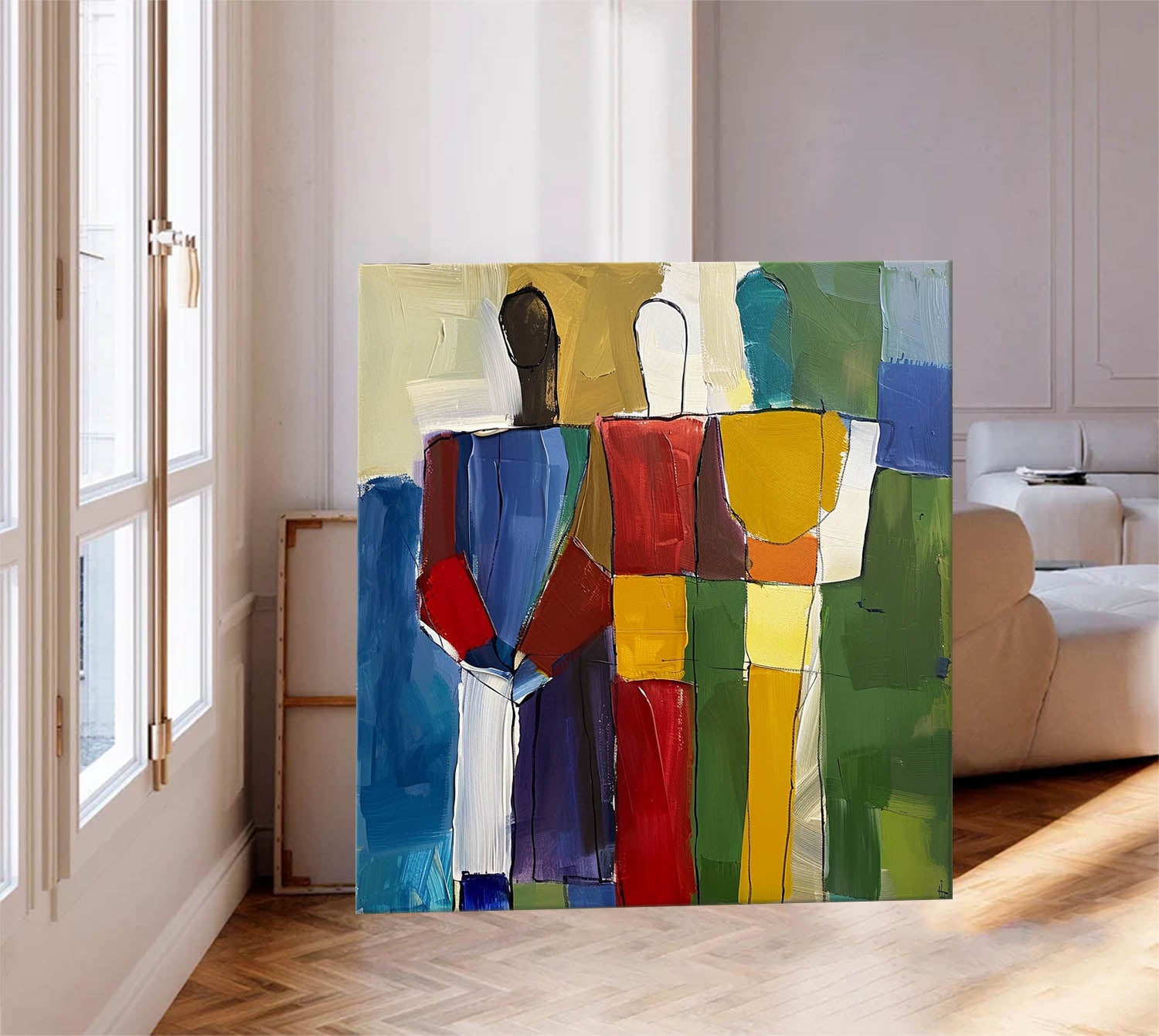 Colorful Abstract people's Wall Art Original Color Blocks Figure Painting Canvas Large Square Artwork Home Decor