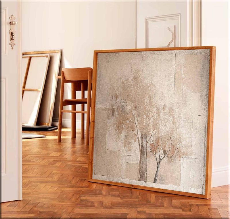 Original Vintage Oil Painting Abstract Ink Tree Wall Art Beige Square Acrylic Painting On Canvas For Sale