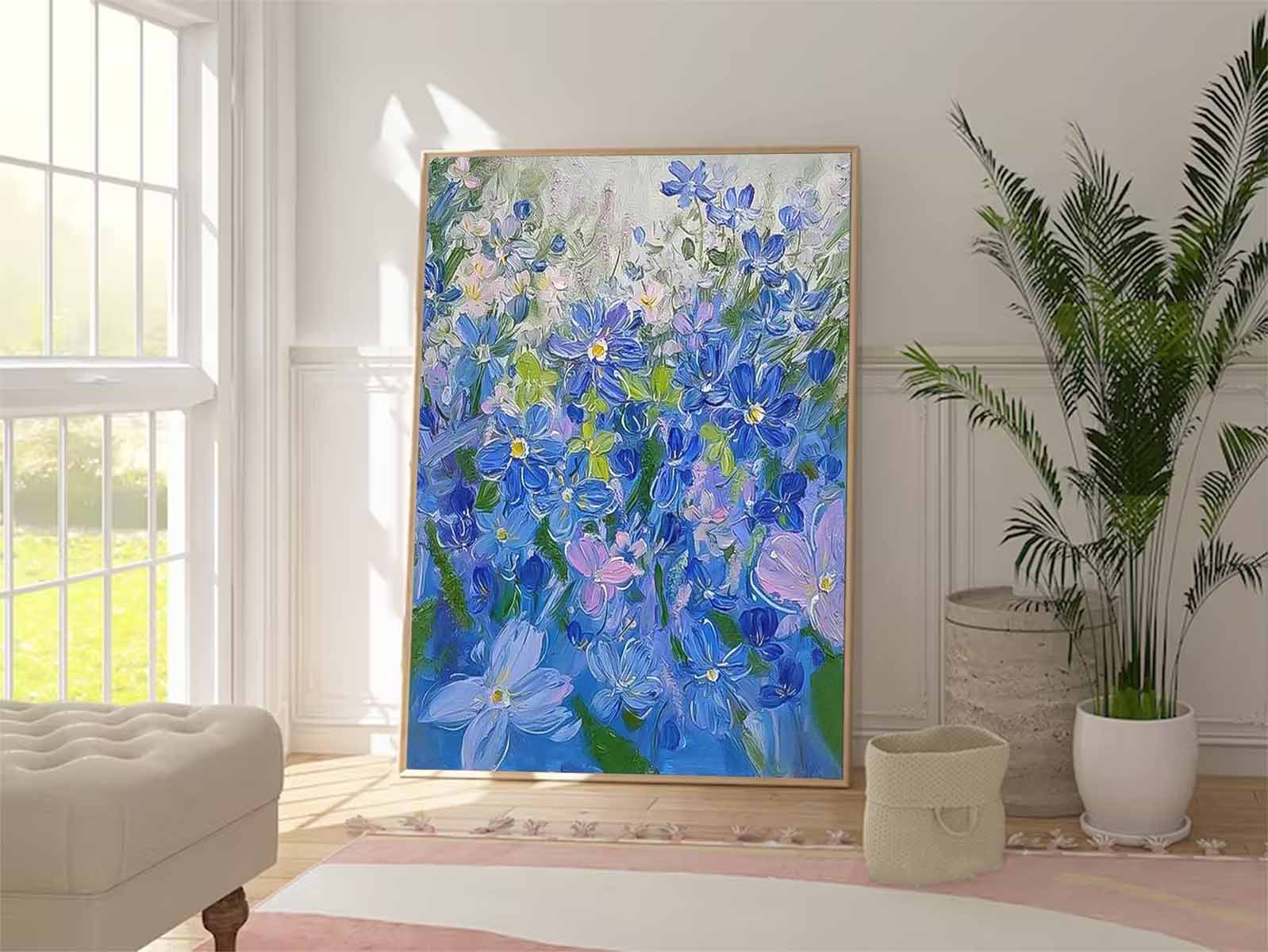 Modern Blue Purple Flower Wall Art Abstract Acrylic Painting On Canvas Large Enchanting Floral Artwork