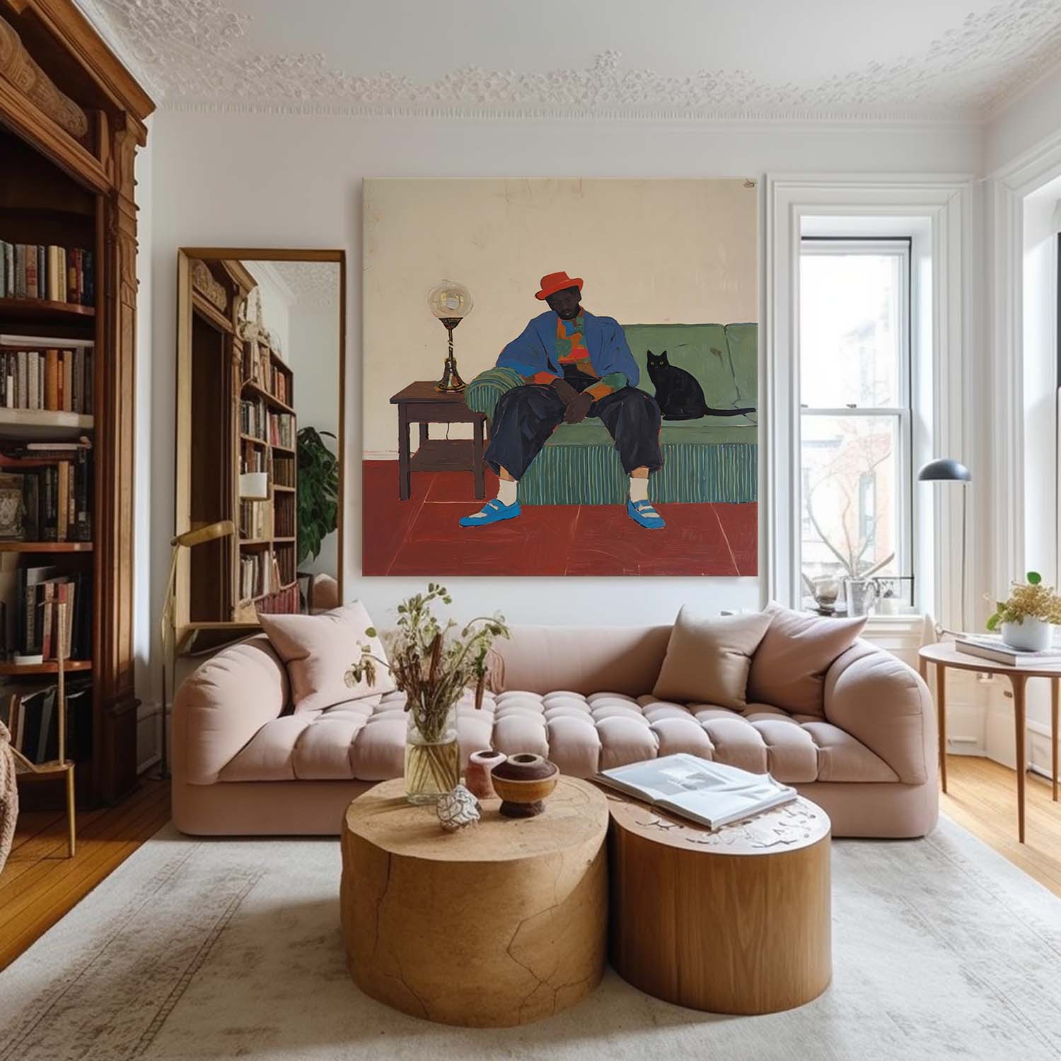 Retro-Inspired Wall Art With Black Cat & Vintage Lamp Bold Colorful Modern Home Decor Painting for Living Room