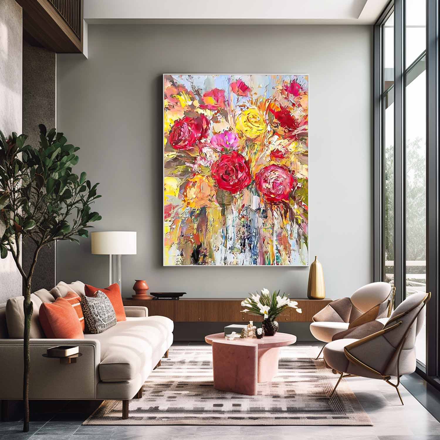 Affordable Abstract Yellow And Red Roses Acrylic  Painting On Canvas Contemporary Wall Art For Living Room