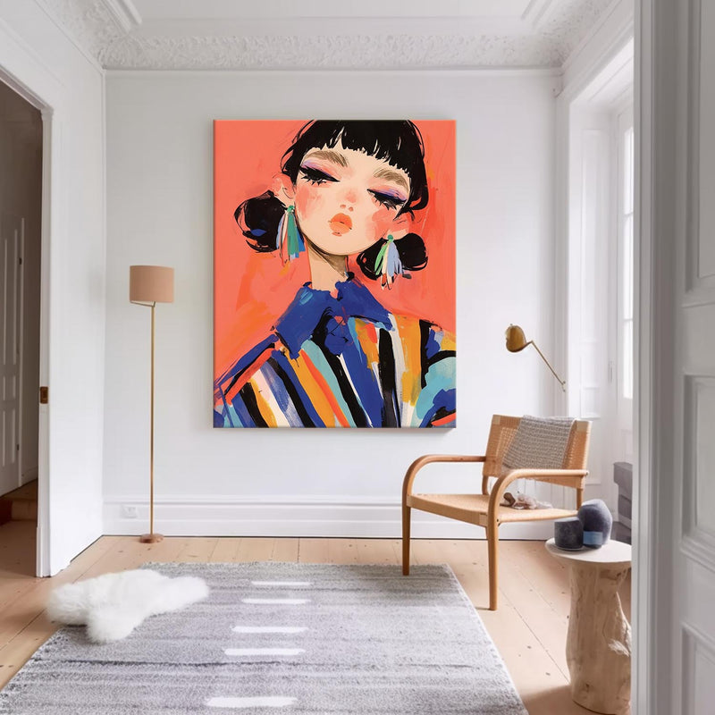 Cute Girl Original Abstract Wall Art Big Fgure Acrylic Painting Cartoon Character Painting Framed Artwork