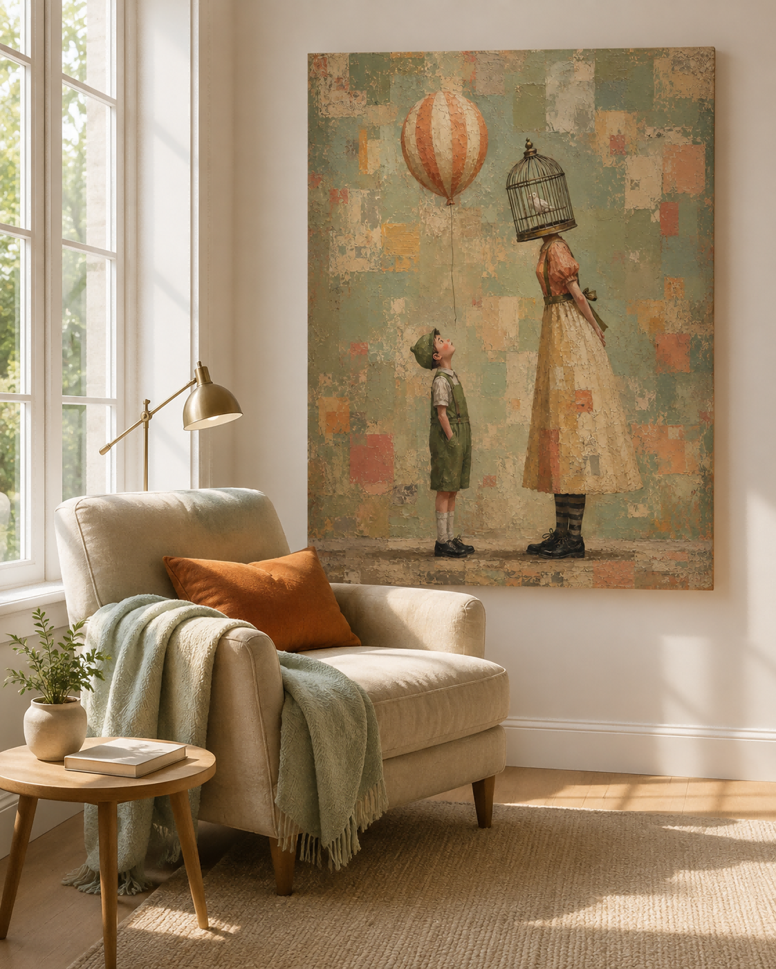 Birdcage Head Woman And Boy With Balloon Surreal Canvas Painting Vintage Style Artwork