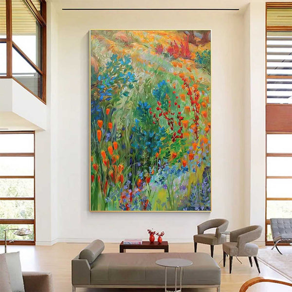 Impressionism Underbrush Wall Art Large Abstract Acrylic Painting Canvas Lush Blooms In Rich Hues For Elegant Home Decor