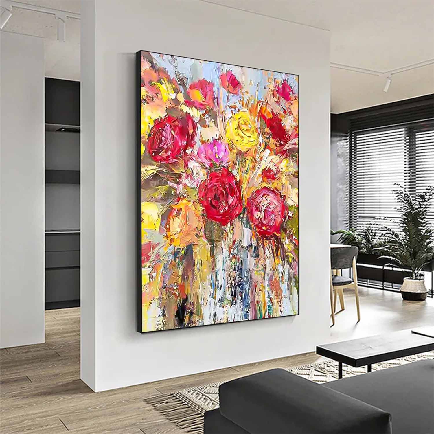 Affordable Abstract Yellow And Red Roses Acrylic  Painting On Canvas Contemporary Wall Art For Living Room