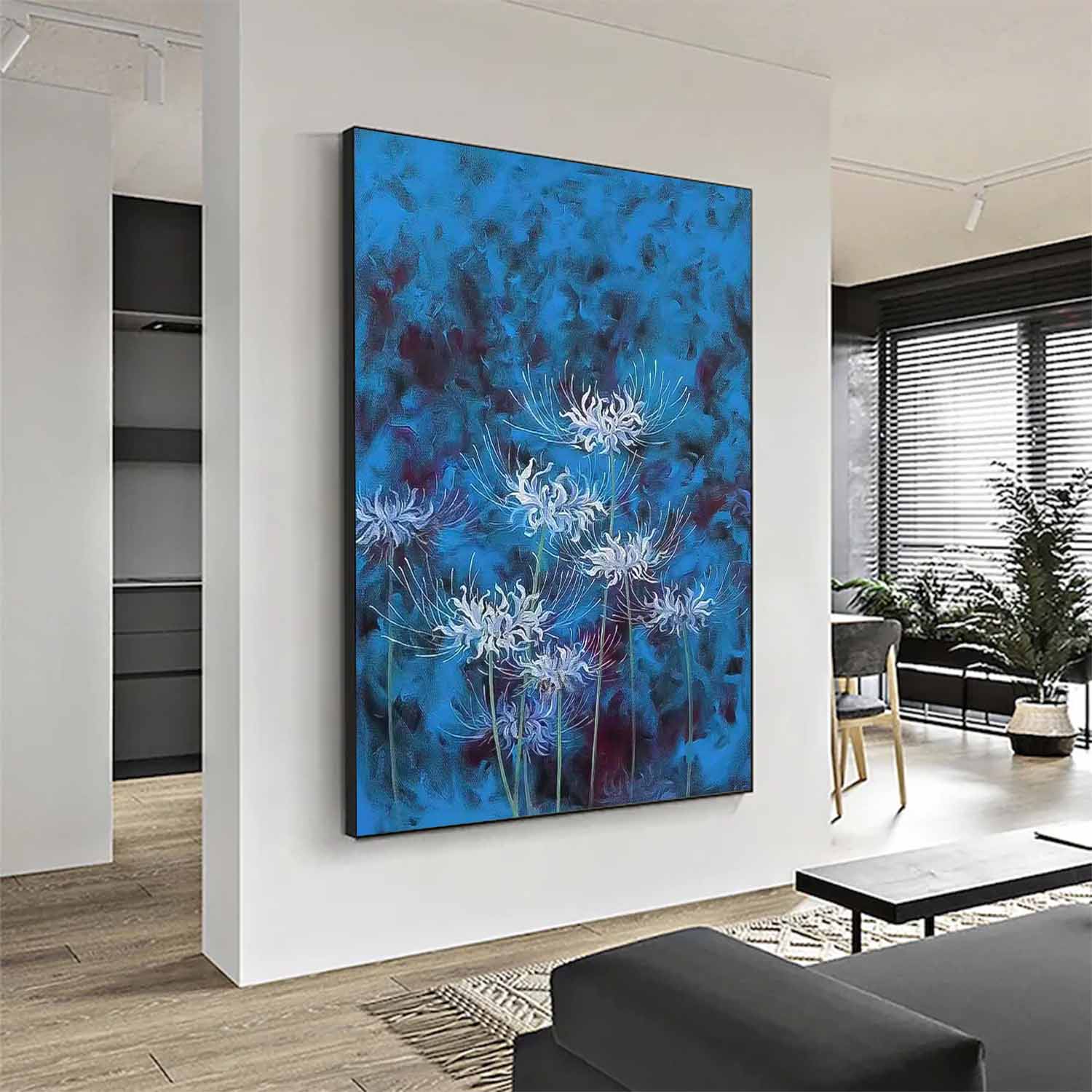 Original Modern Equinox Flower Artwork Abstract Hand Painted Oil Painting On Canvas Blue Floral Wall Art Home Decor