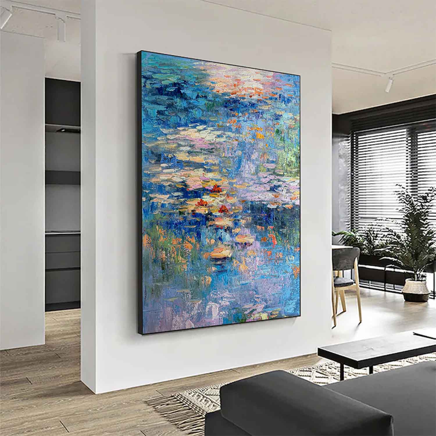 Flowers On The Lake Textured Abstract Wall Art Impressionism River Abstract Painting Framed Home Decor