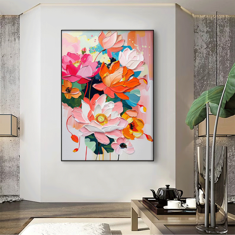 Abstract Colorful Lotus Flower Oil Painting on Canvas Big Original Texture Flowers Artwork Framed