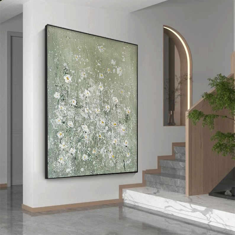 Large Abstract Small White Flower Paintings Modern  Paintings Summer Painting Framed Floral Wall Art