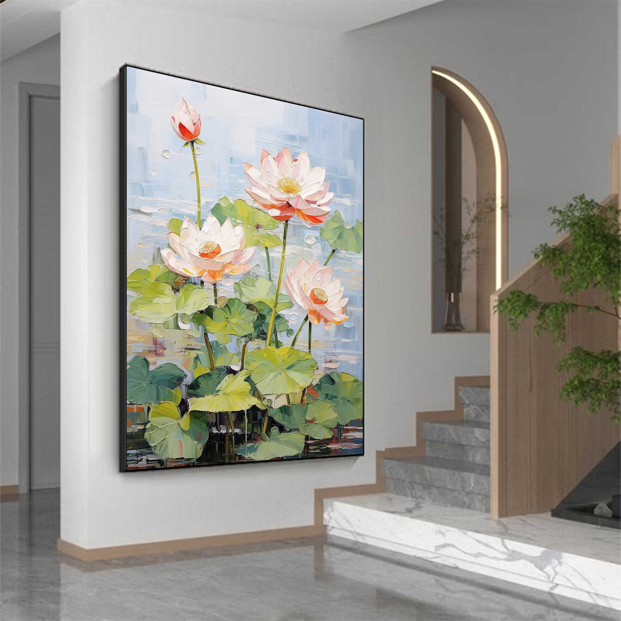 Large 3D Floral Textured Abstract Acrylic Wall Art Impressionism Pink Lotus Flowers Painting Framed For Sale