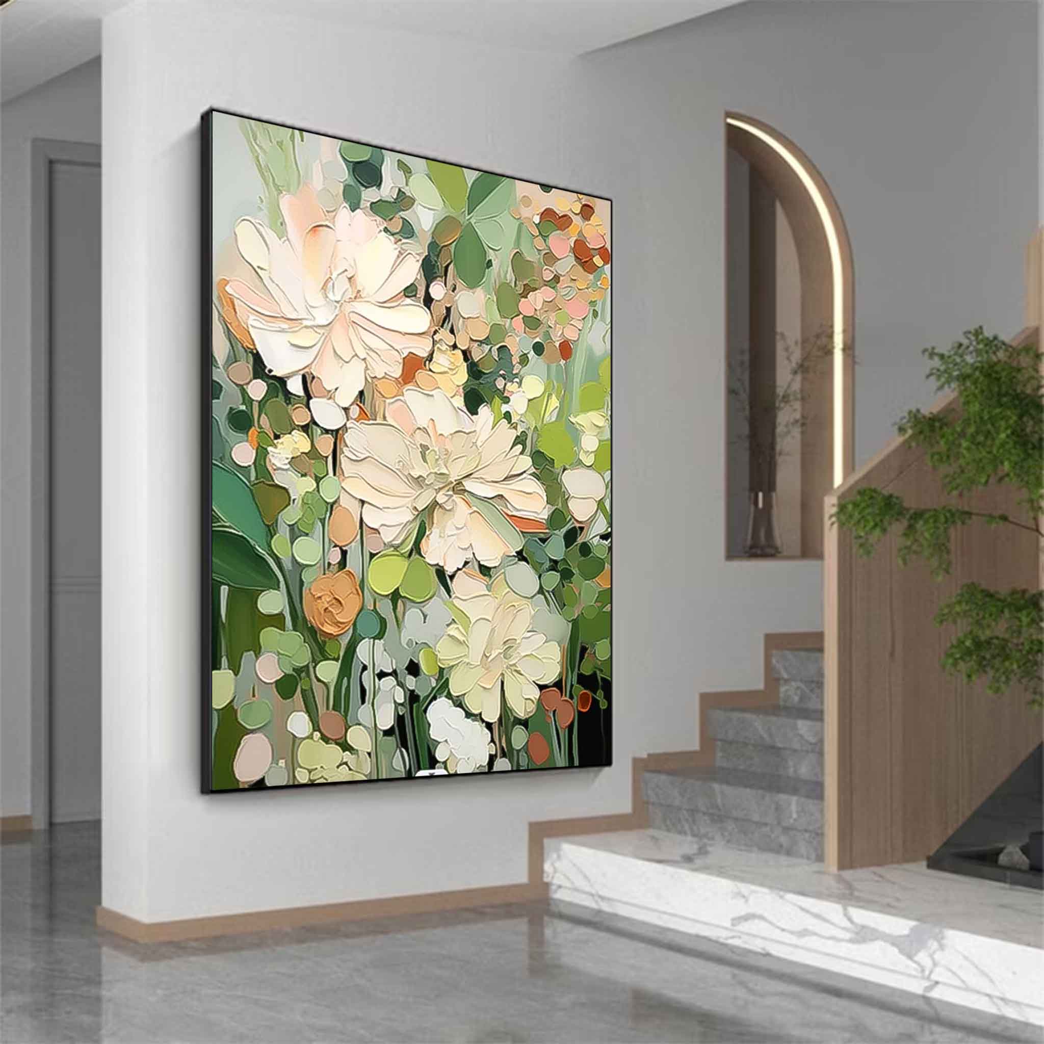 Abstract Flower Oil Painting on Canvas Large Original Minimalist Green Floral Art Custom Painting Boho Wall Decor