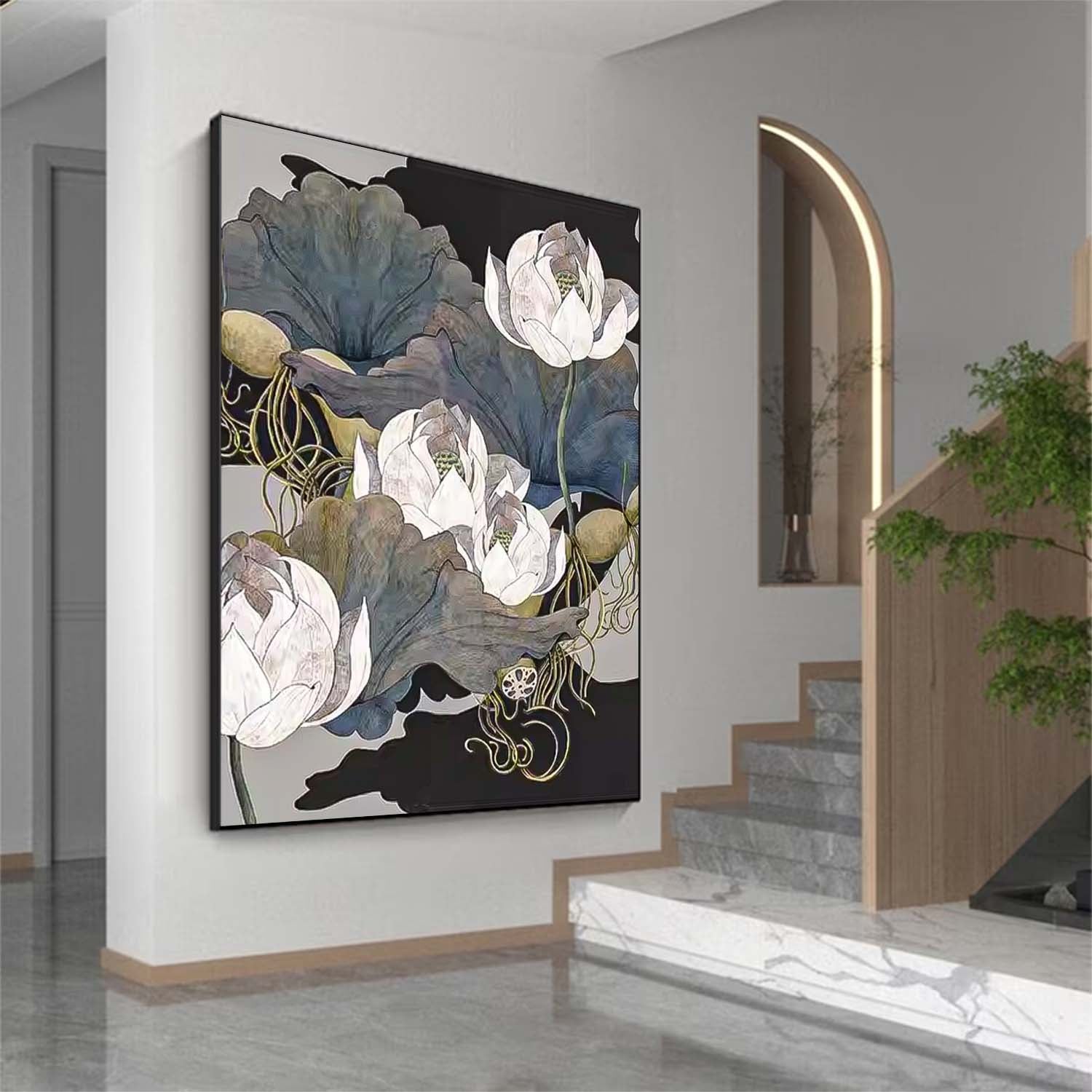 Original Dark Style Artwork Oil Painting On Canvas Realism Lotus Flowers Acrylic Painting For Living Room