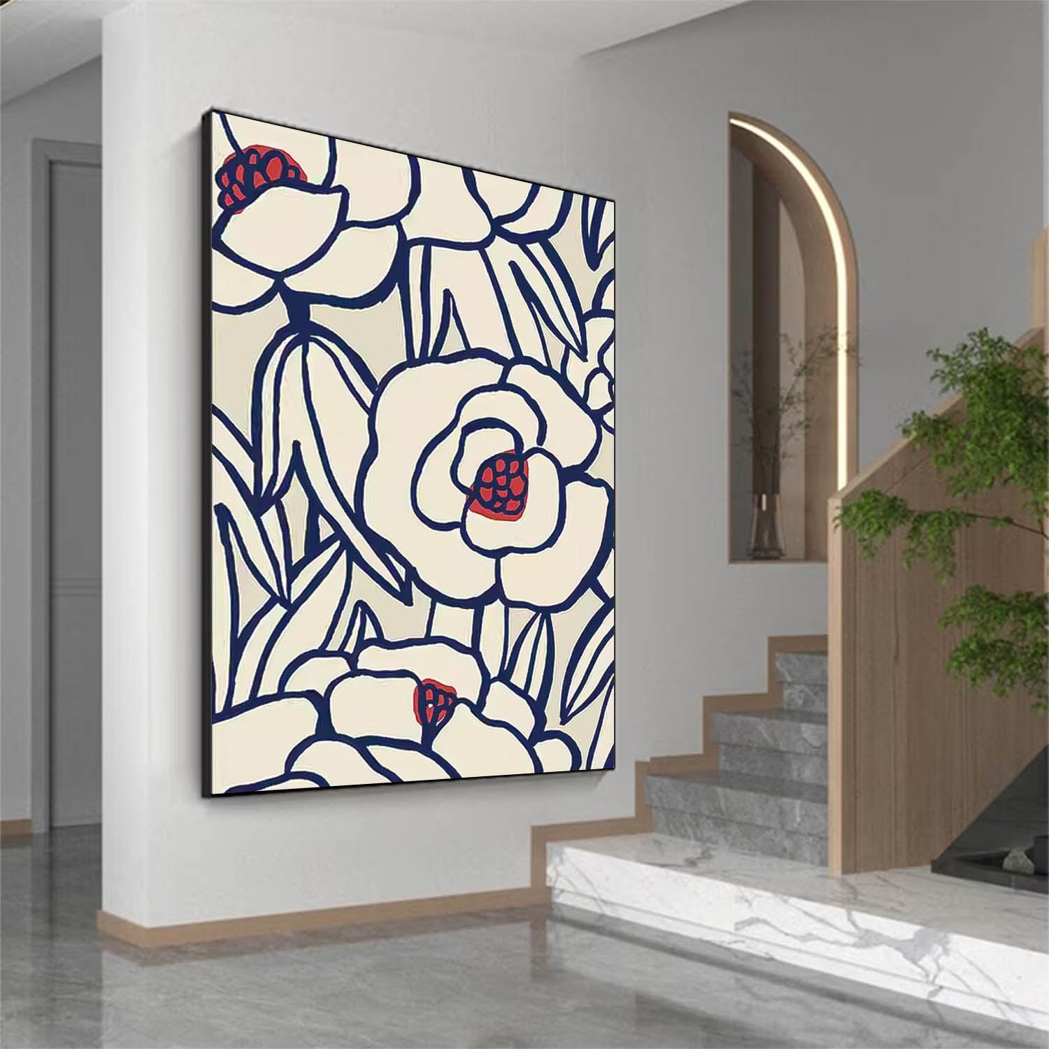 Original Minimalist Lines Floral Painting Large Wall Art Abstract Flower Acrylic Painting On Canvas Custom Home Decor