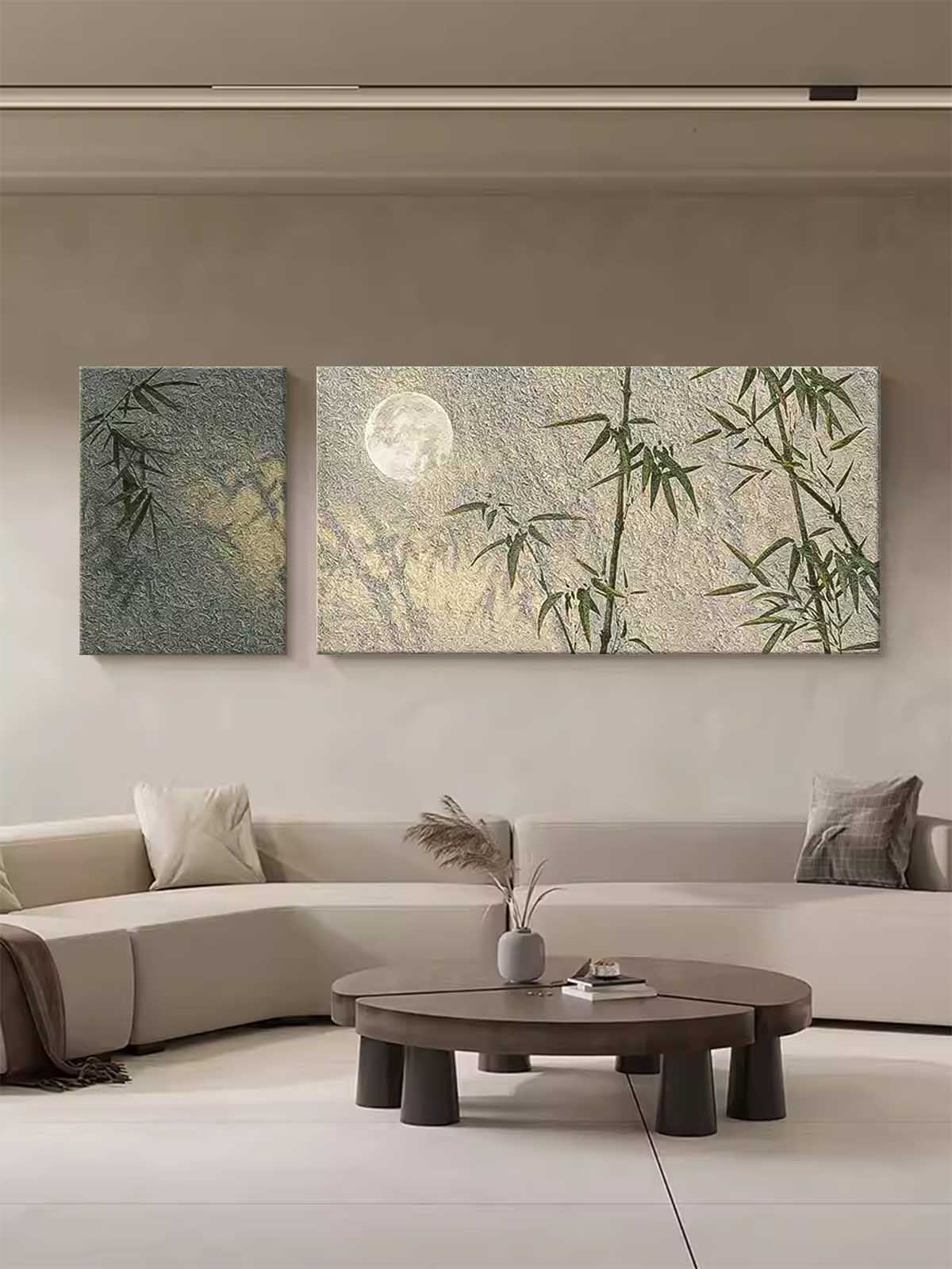 Set of 2 Abstract Bamboo Oil Paintings Contemporary Moonlight Canvas Wall Art National Style Artwork