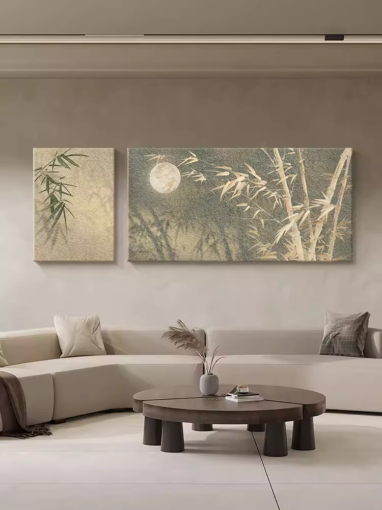 Set of 2 Contemporary Moonlight Canvas Wall Art Abstract Bamboo Oil Paintings National Style Artwork