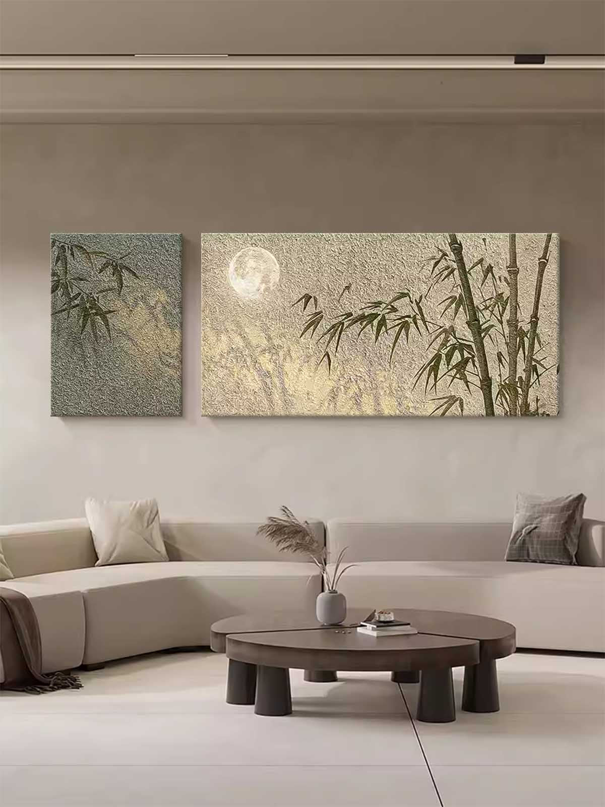 Set of 2 Contemporary Texture Moonlight Canvas Wall Art Abstract Bamboo Oil Paintings National Style Artwork