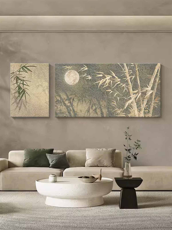 Set of 2 Contemporary Moonlight Canvas Wall Art Abstract Bamboo Oil Paintings National Style Artwork