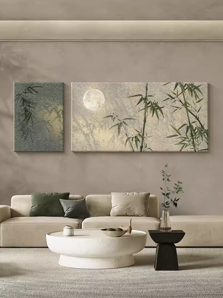 Set of 2 Abstract Bamboo Oil Paintings Contemporary Moonlight Canvas Wall Art National Style Artwork