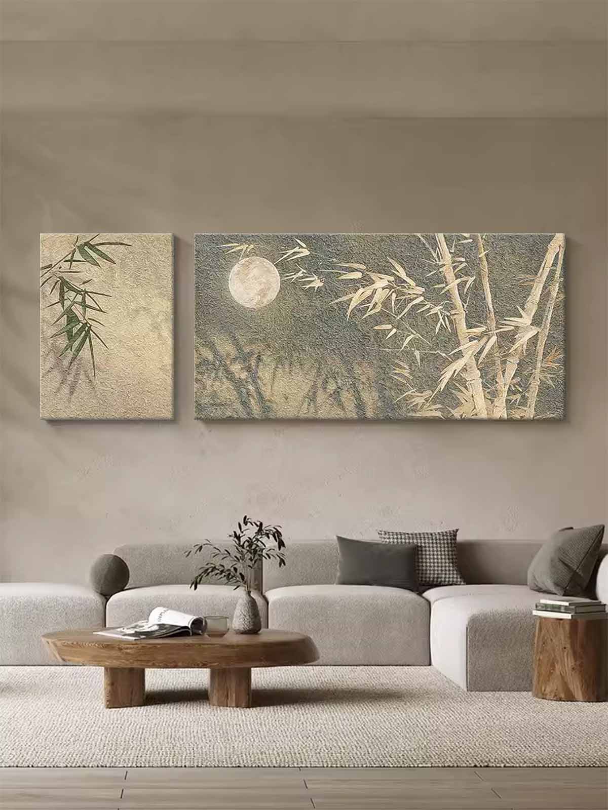 Set of 2 Contemporary Moonlight Canvas Wall Art Abstract Bamboo Oil Paintings National Style Artwork