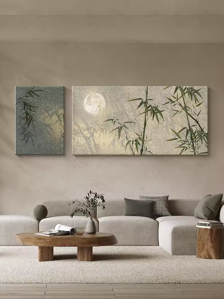 Set of 2 Abstract Bamboo Oil Paintings Contemporary Moonlight Canvas Wall Art National Style Artwork