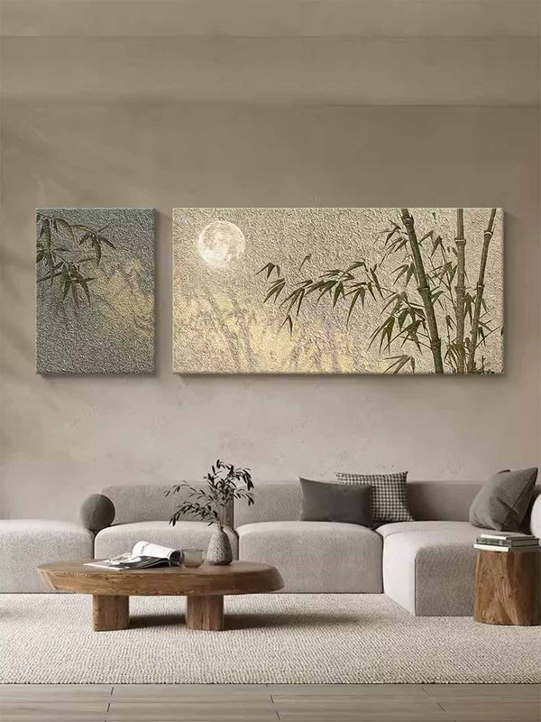 Set of 2 Contemporary Texture Moonlight Canvas Wall Art Abstract Bamboo Oil Paintings National Style Artwork