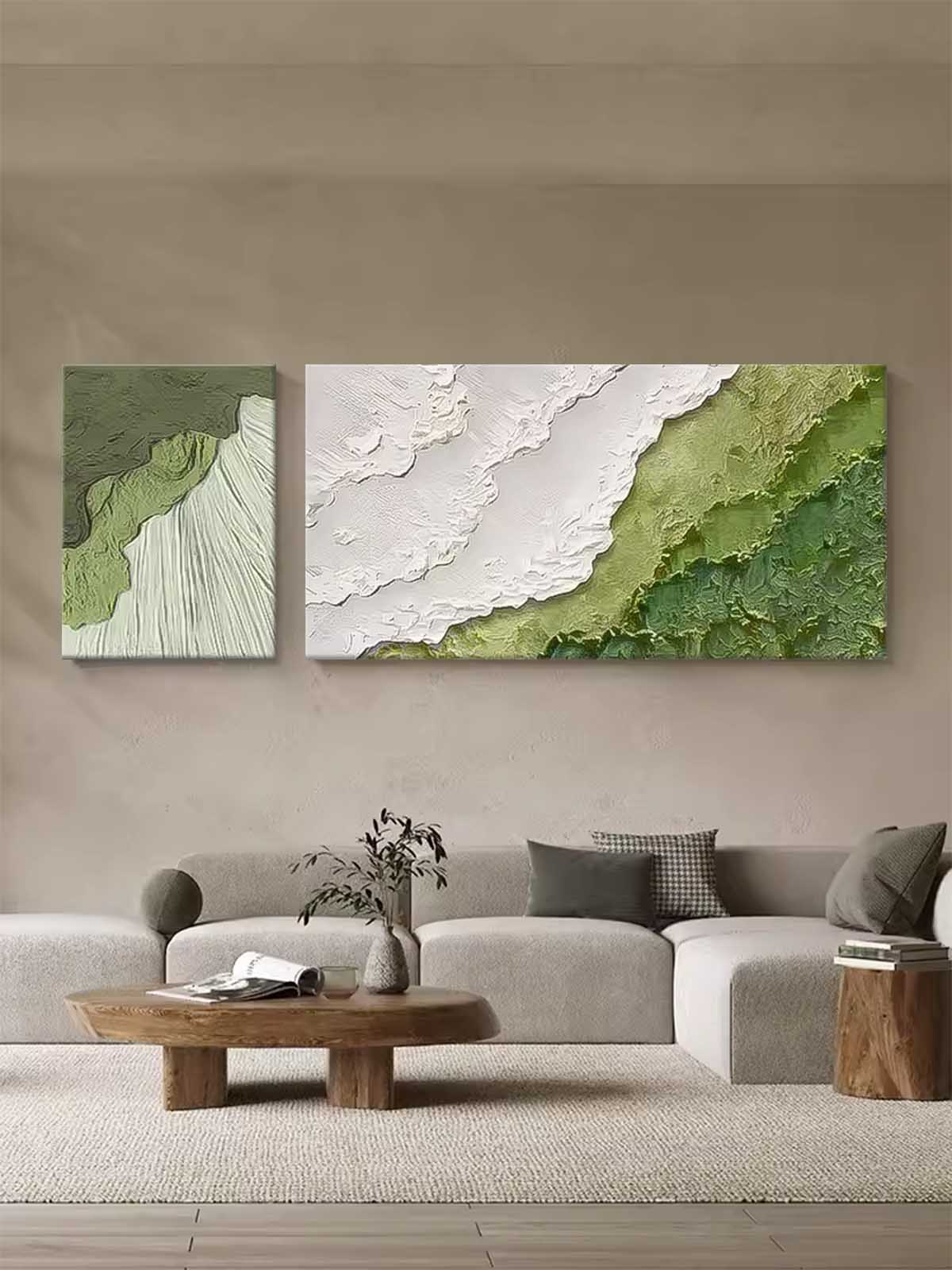 Set of 2 Original Abstract Beach Oil Painting On Canvas Large Texture Green Ocean Wall Art For Living Room