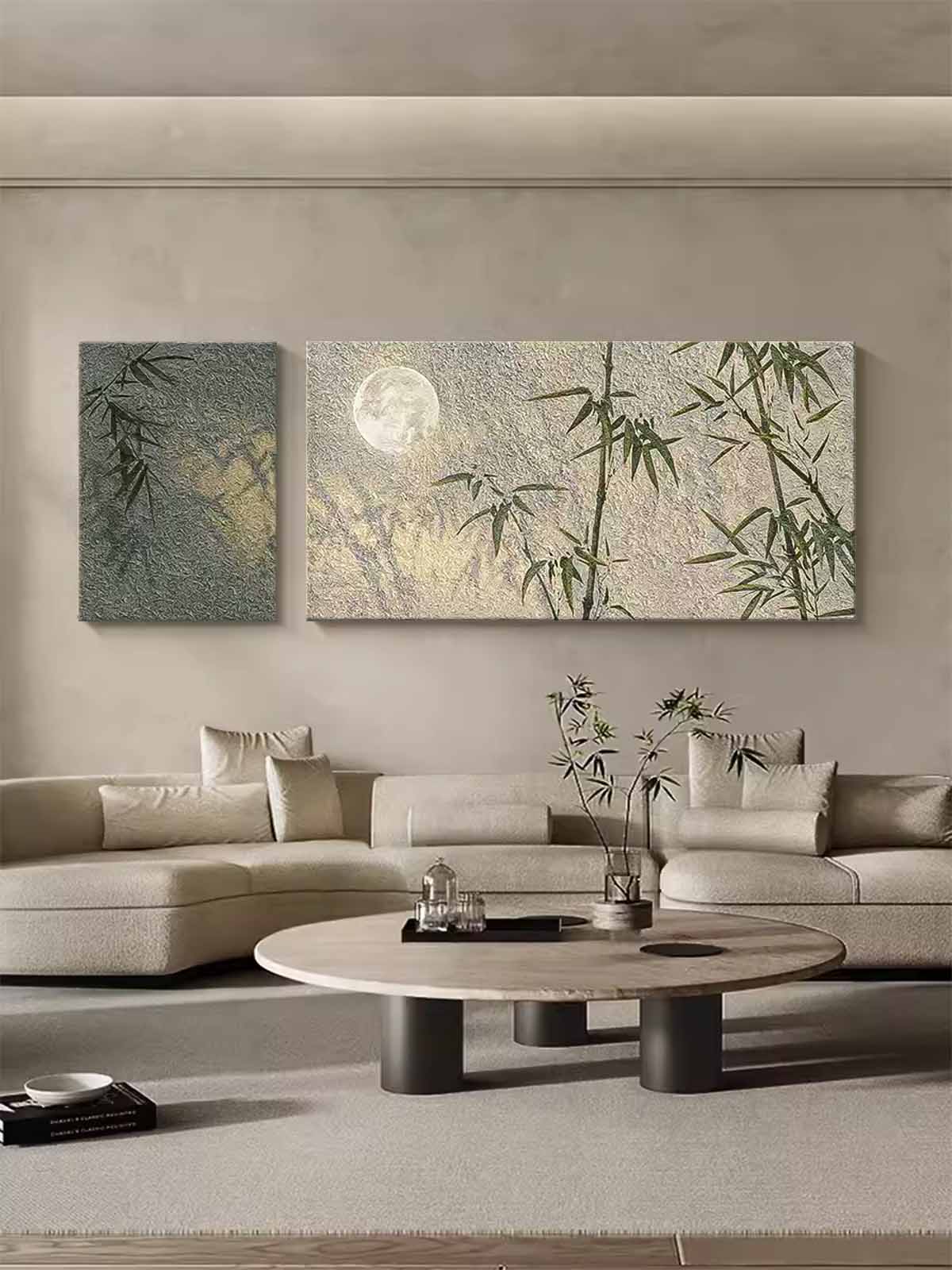 Set of 2 Abstract Bamboo Oil Paintings Contemporary Moonlight Canvas Wall Art National Style Artwork